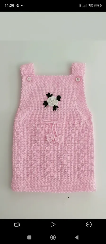 Pink Tunisian Crochet Baby Dress - Floral Detail and Buttoned