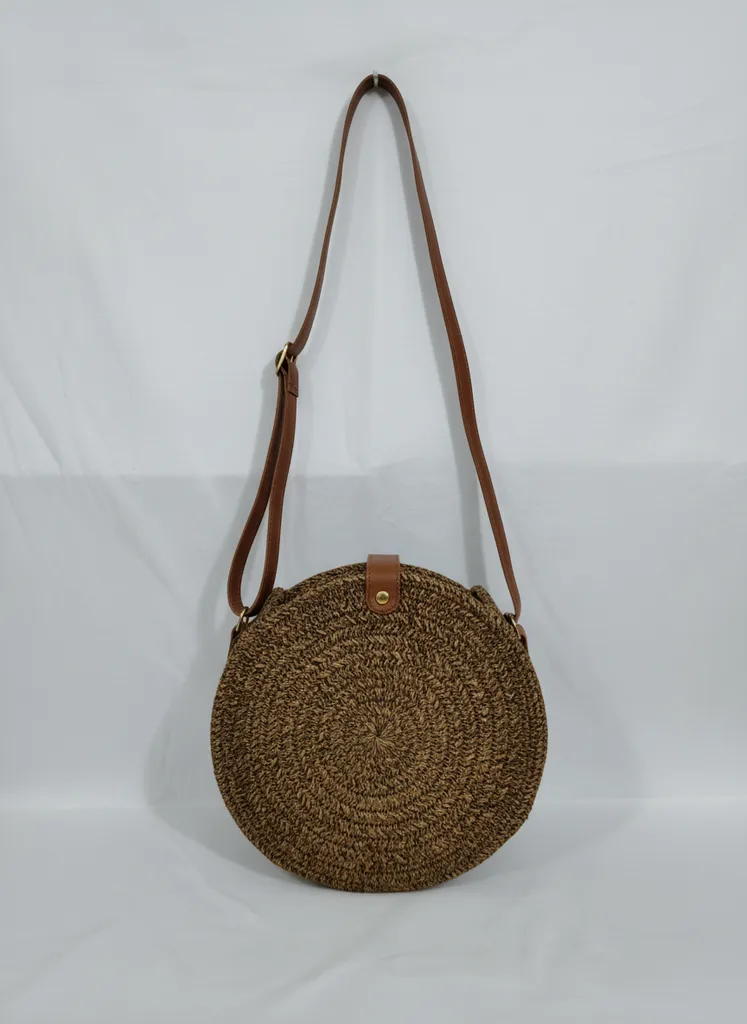 Taba Deri Askılı Yuvarlak Hasır Çanta - Doğal Dokulu Omuz Çantası