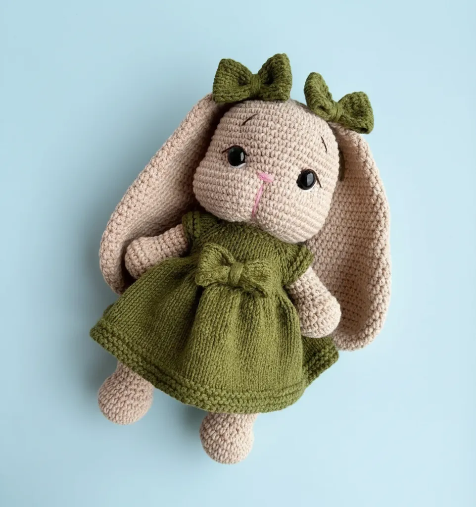 Yeşil Elbiseli Amigurumi Uzun Kulaklı Tavşan Bebek Oyuncak - El Emeği