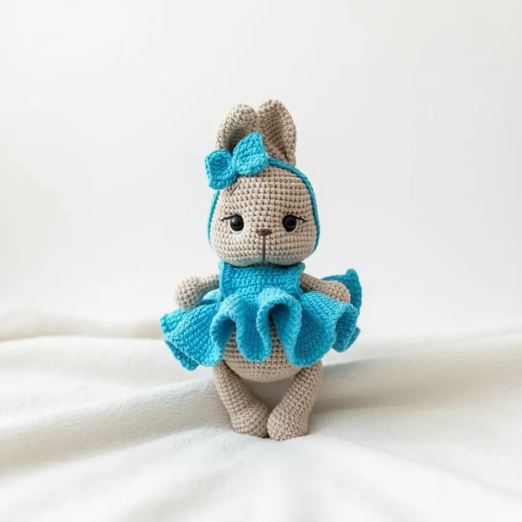 Blue Dressed Knitted Rabbit Amigurumi Toy Doll - Handmade