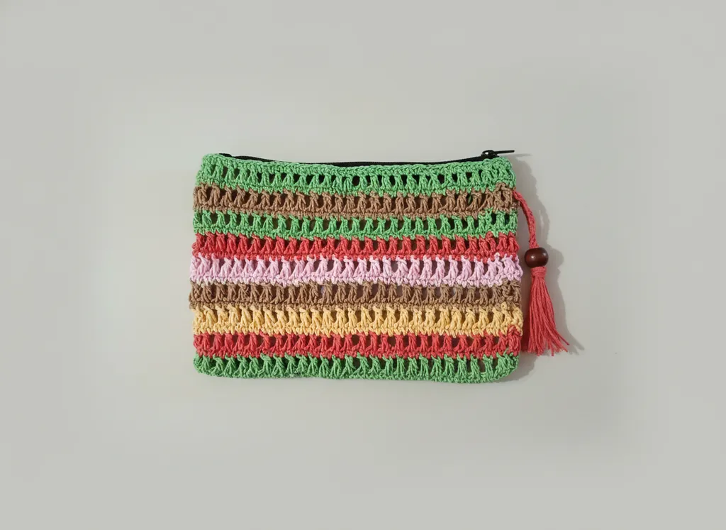 Renkli Kağıt İpten Örme Clutch Çanta - Tığ İşi El Yapımı