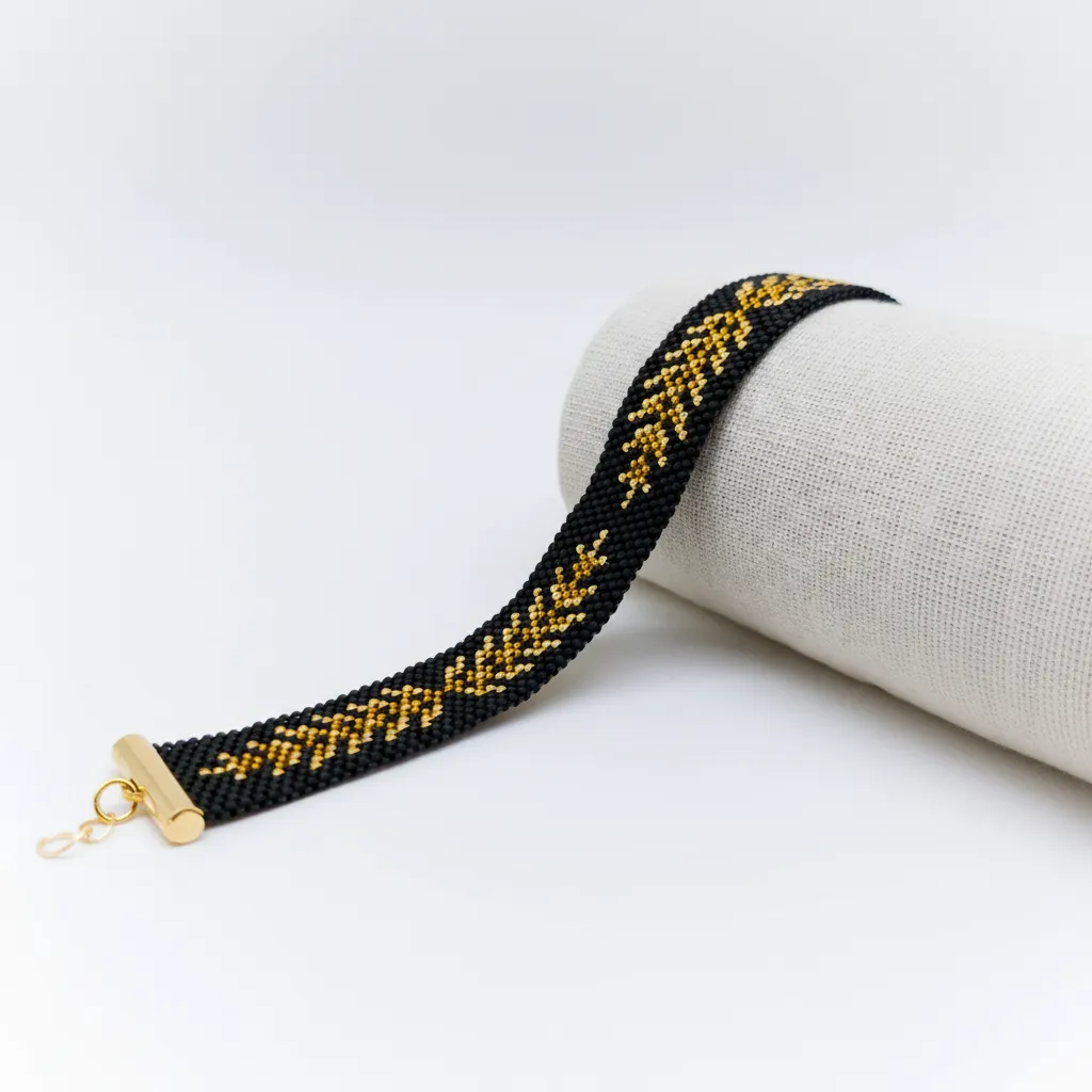 Siyah ve Altın Rengi Miyuki Boncuklu Buğday Başağı Desenli Bileklik