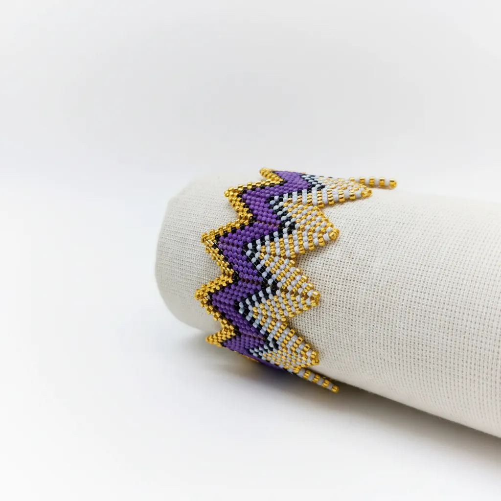 Mor, Altın ve Beyaz Renkli Miyuki Boncuk Zikzak Desenli Bileklik