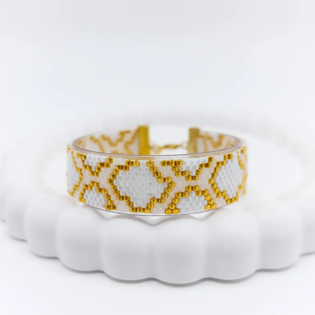 Miyuki Bead Embroidered White and Gold Bracelet - Handmade