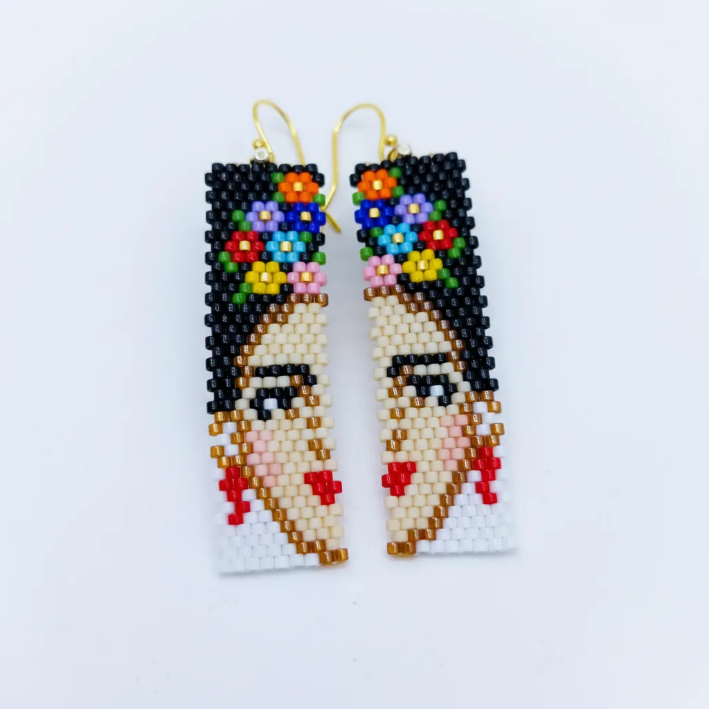 Renkli Miyuki Boncuk Frida Kahlo Figürlü Halka Küpe - El Emeği