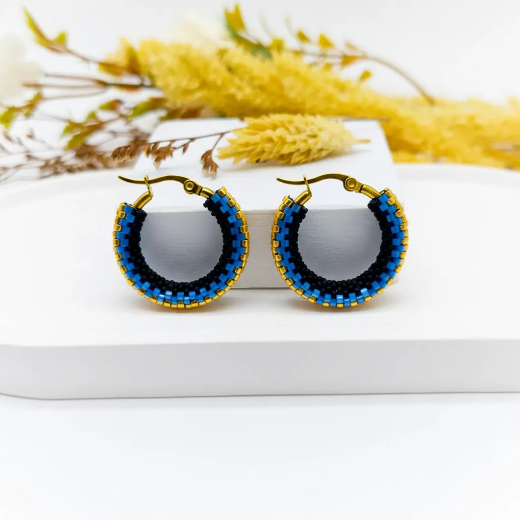 Mavi ve Siyah Miyuki Boncuklu Halka Küpe - Paslanmaz Çelik