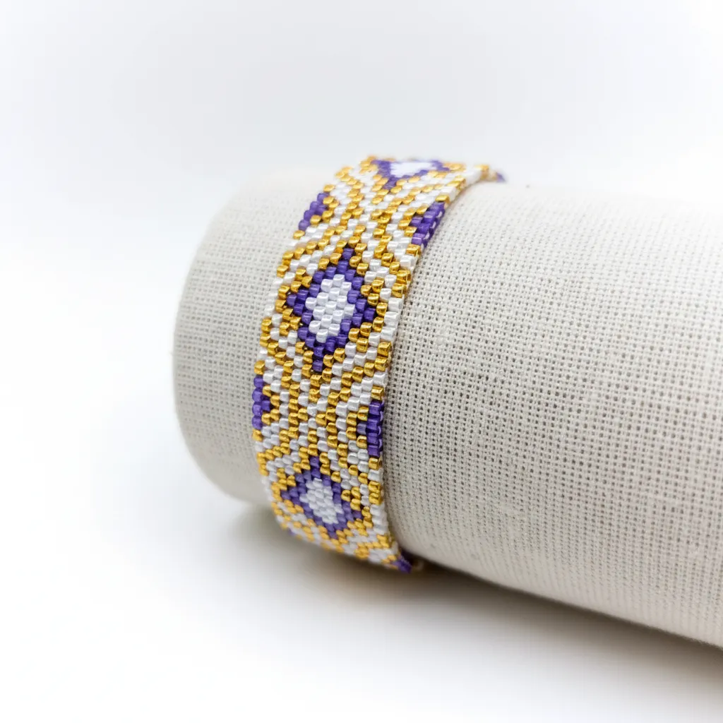 Mor, Beyaz ve Altın Renkli Miyuki Boncuklu El Emeği Bileklik