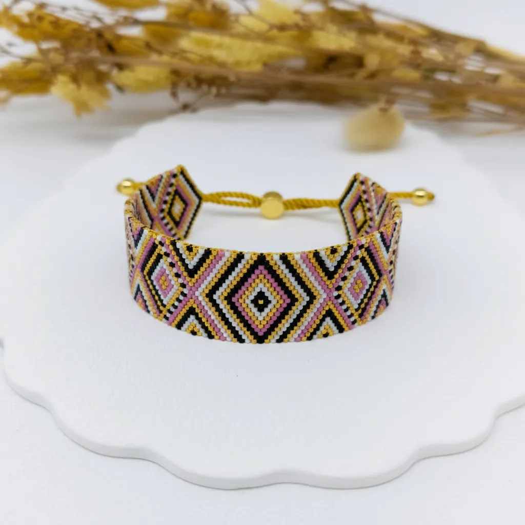 Kilim Desenli Miyuki Boncuk Bileklik - Ayarlanabilir Makrome Kapama