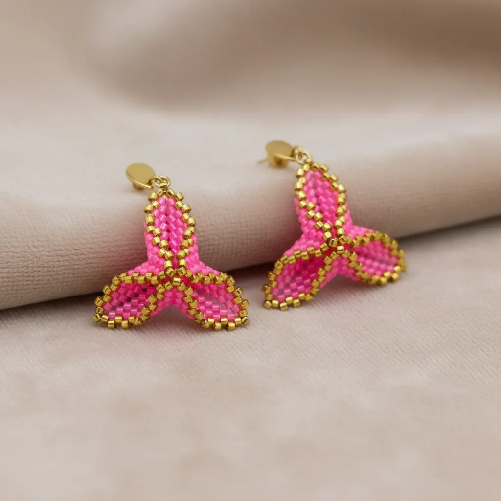 Pembe ve Altın Rengi Miyuki Boncuk Çiçek Küpe - El Emeği