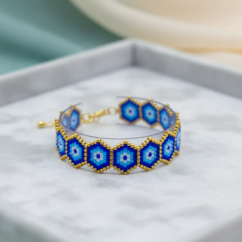 Mavi ve Gold Renkli Miyuki Boncuklu Nazar Boncuğu Bileklik