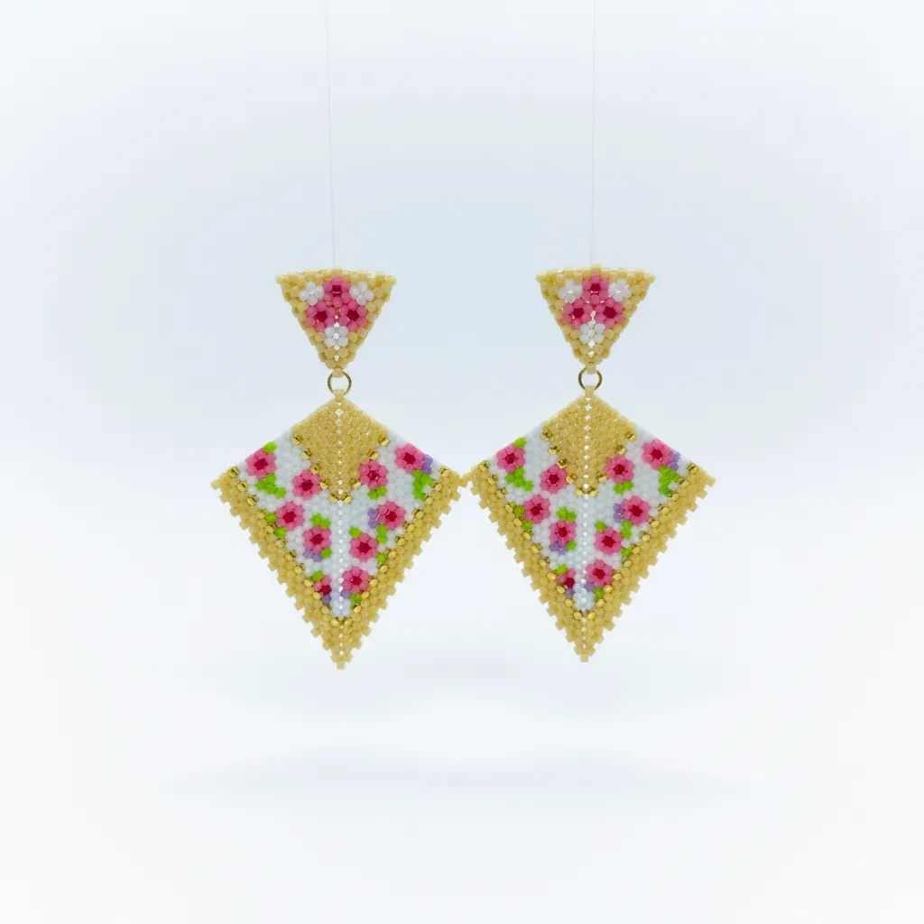 Miyuki Boncuktan Çiçek Desenli Yelpaze Model Küpe - El Emeği