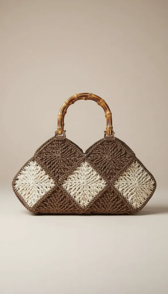 Kahve Bej Mozaik Desenli Kağıt İp Örgü El Çantası - Ahşap Saplı