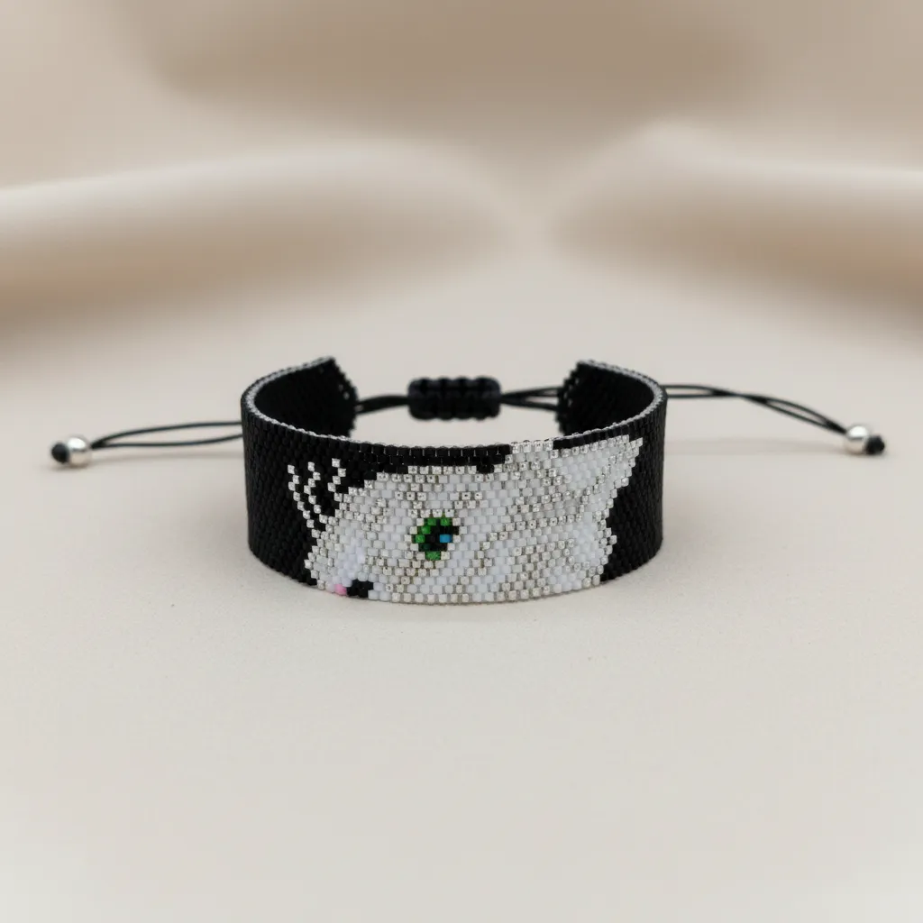 Siyah Beyaz Miyuki Boncuklu Kedi Desenli Ayarlanabilir Bileklik