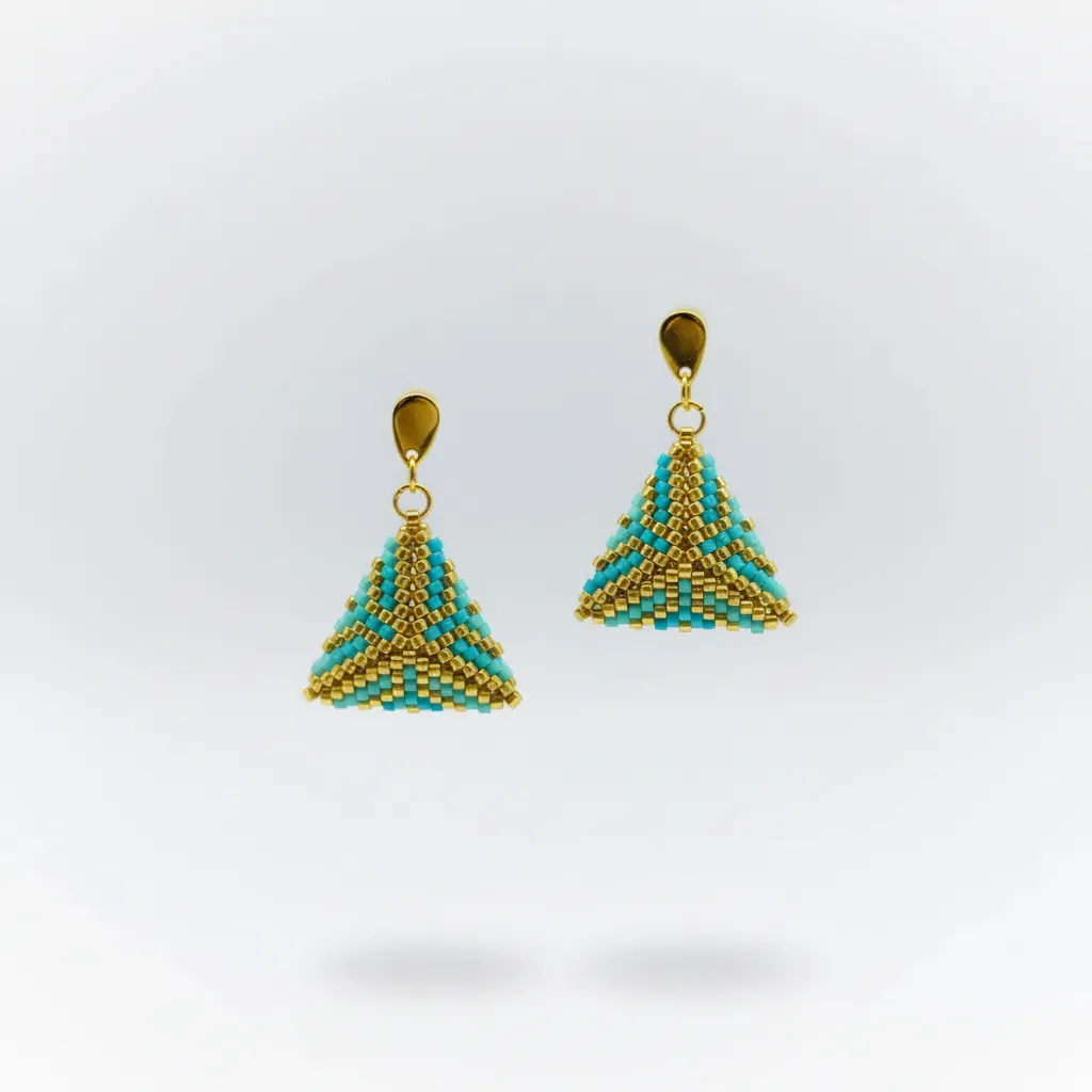 Turkuaz ve Gold Renkli Miyuki Boncuk Üçgen Tasarım Küpe