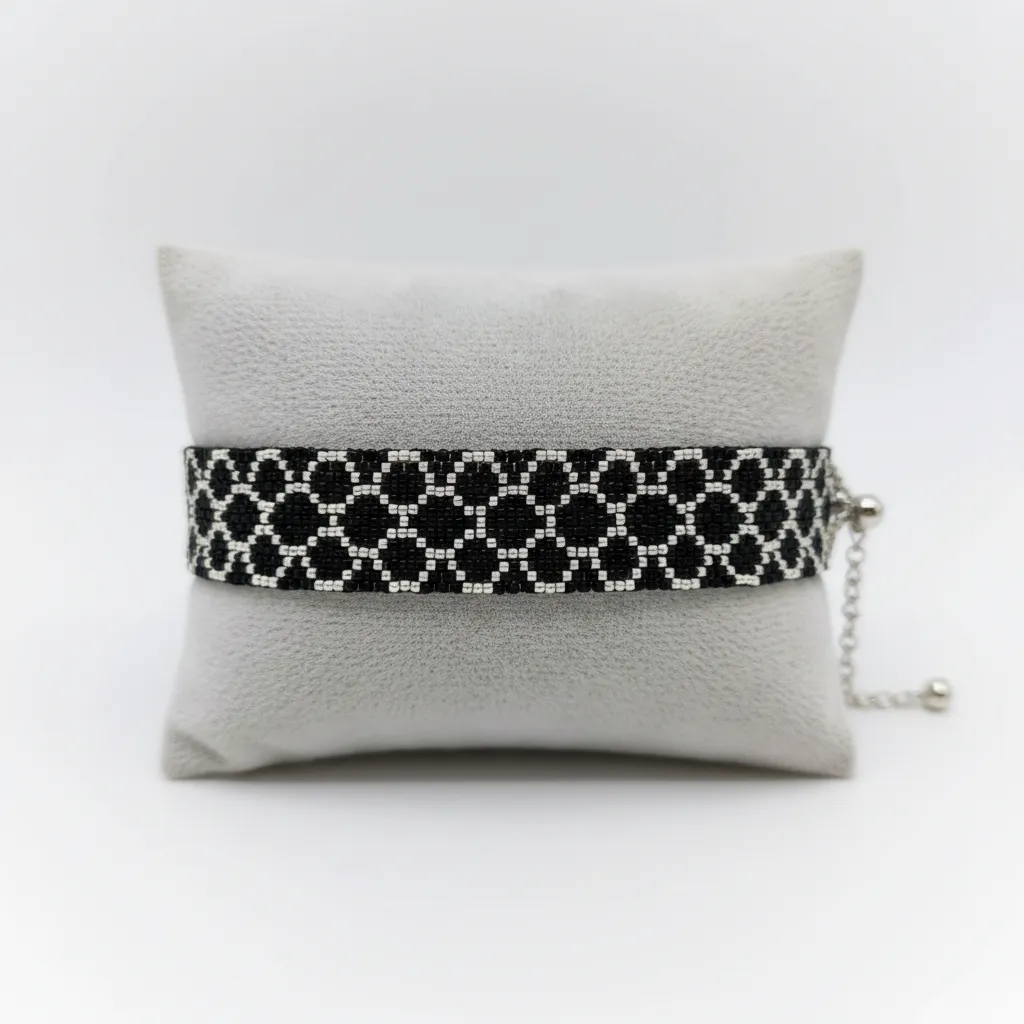 Siyah Beyaz Miyuki Boncuklu Bal Peteği Desenli Ayarlanabilir Bileklik