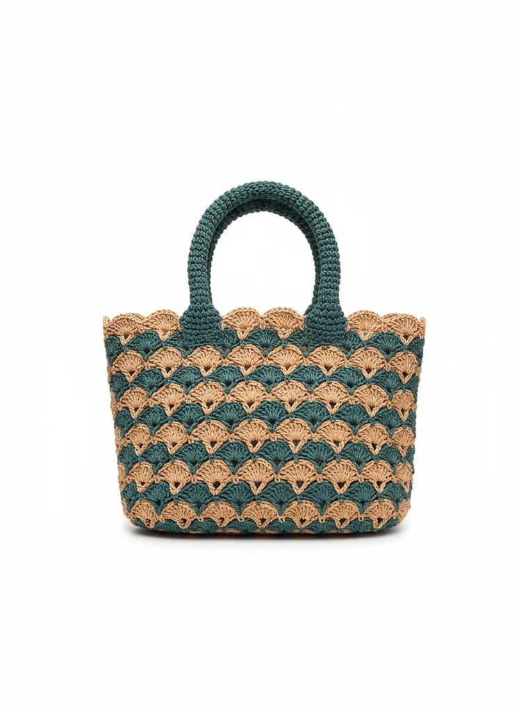 Yeşil ve Bej Kağıt İpten Örme Plaj Çantası - El Emeği