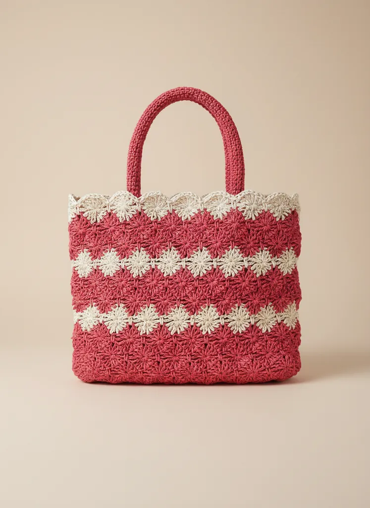 Pink Cream Striped Knitted Shoulder Bag - Handmade Design