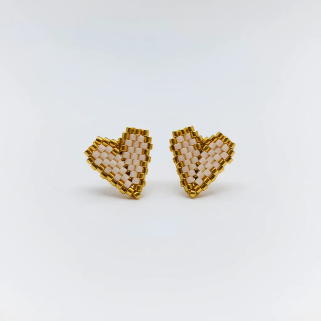 Altın Sarısı ve Krem Renkli Miyuki Boncuklu Kalp Küpe