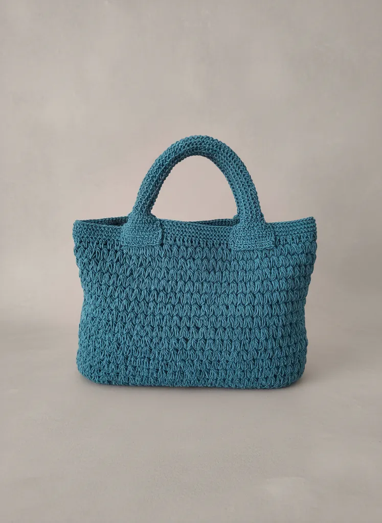 Turkuaz Mavi Mum İpten Örgü Omuz Çantası - El Yapımı