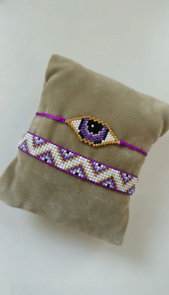 Purple and White Miyuki Bead Evil Eye Bracelet Set - Handmade