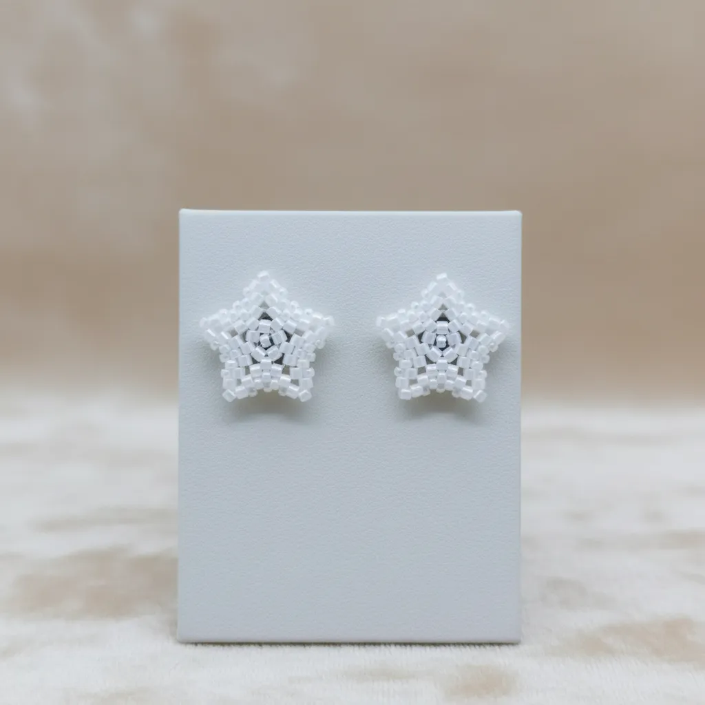 Star Model Earrings Made from White Miyuki Beads - Handmade