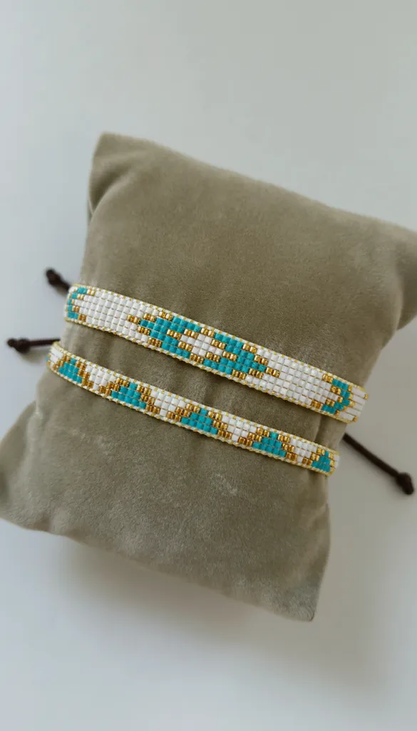 Turquoise and Gold Detailed Miyuki Bead Woven Bracelet Set