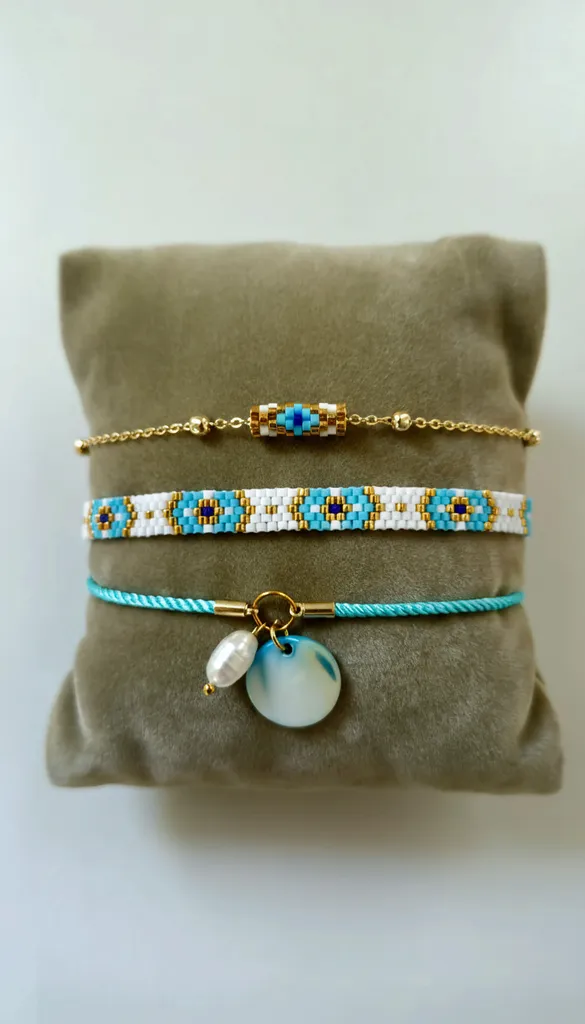 Mavi ve Beyaz Miyuki Boncuklu 3'lü Bileklik Seti - El Emeği