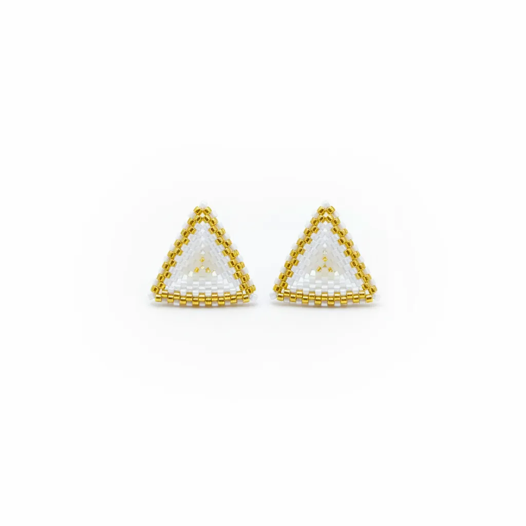White and Gold Miyuki Bead Embroidered Triangle Earrings