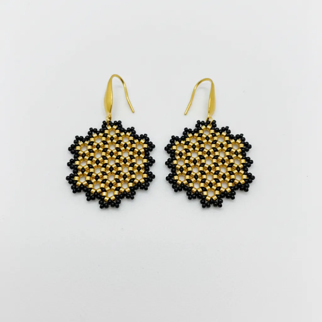 Gold and Black Miyuki Beaded Lace Pattern Earrings - Handmade