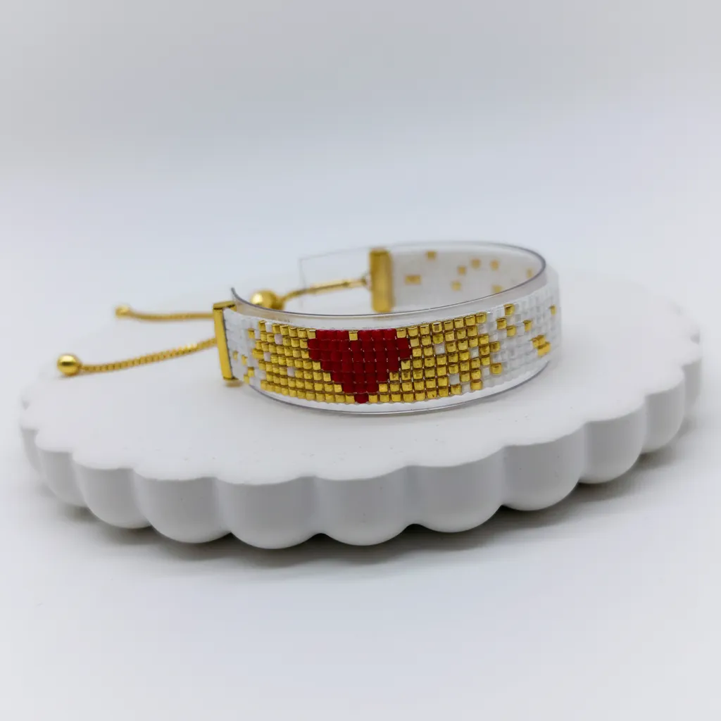 Red Heart Patterned Miyuki Beaded Woven Bracelet - Adjustable