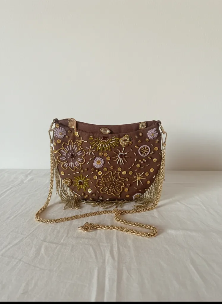 Brown Bead and Chain Detail Special Design Bag - Handmade