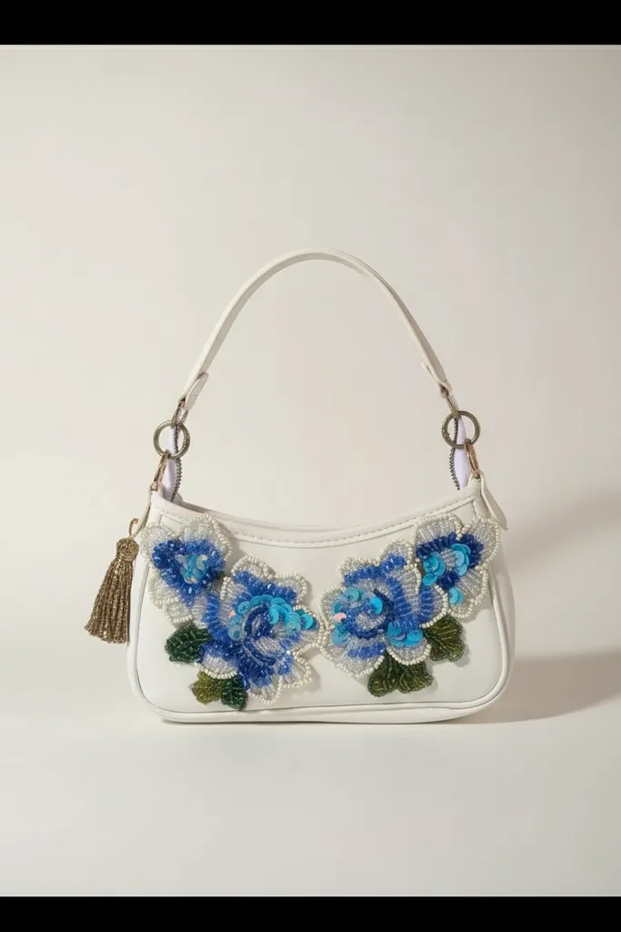 White Leather Shoulder Bag - Blue Floral Embroidered, Beaded and Sequined