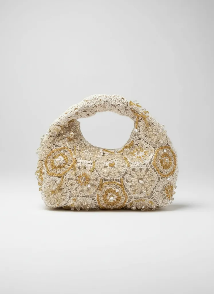 Krem Rengi Örme Görünümlü Kristal Taşlı İşlemeli Çanta