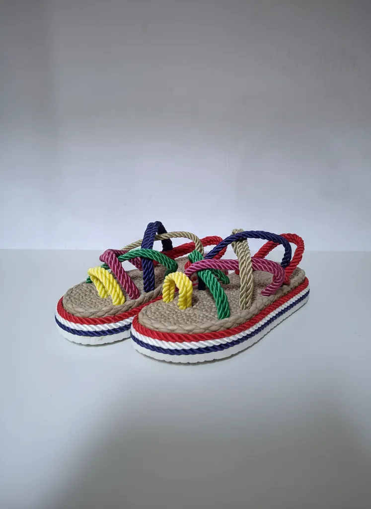 Renkli İp Detaylı Platform Terlik - 36 Numara - El Yapımı