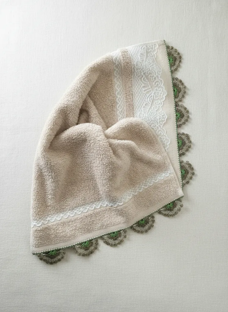 Krem ve Kahve Tonlarında İğne Oyası Detaylı Mutfak Havlusu (30x50 cm)