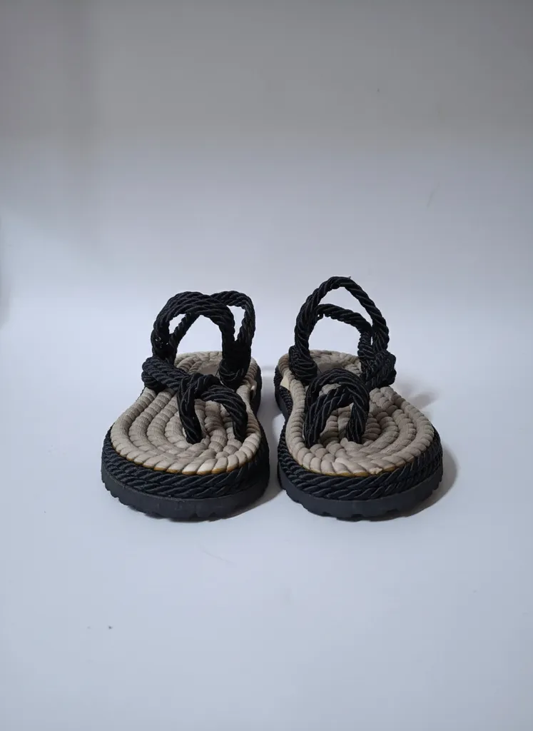 Black Rope String Slippers - Size 36 - Bohemian Style - Handmade