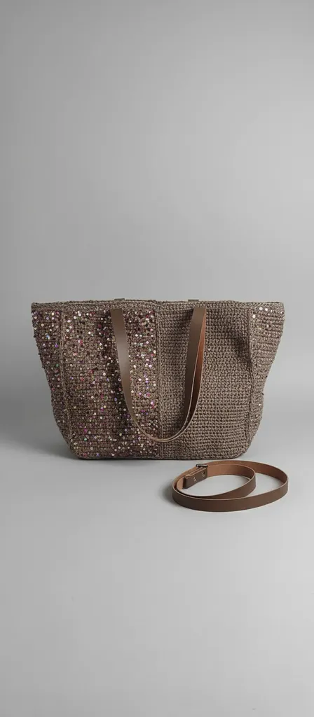 Kağıt İpten Pullu İşlemeli Omuz Askılı Büyük Bayan Çanta