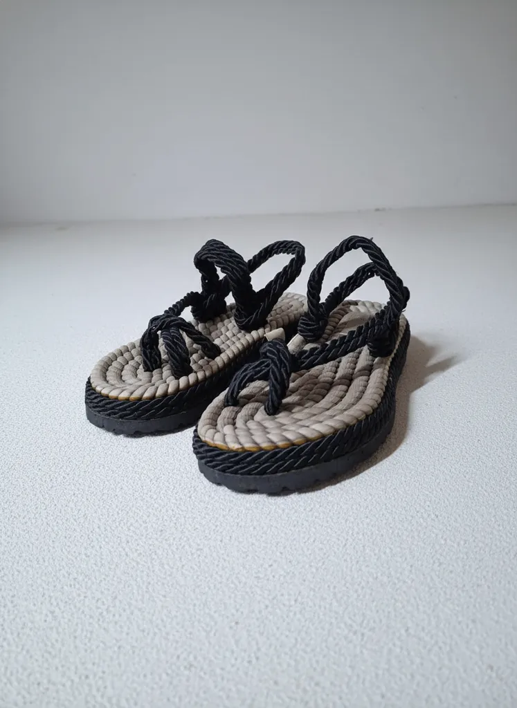Siyah İpli Örgü Terlik Sandalet - 37 Numara - El Yapımı Halat Sandalet