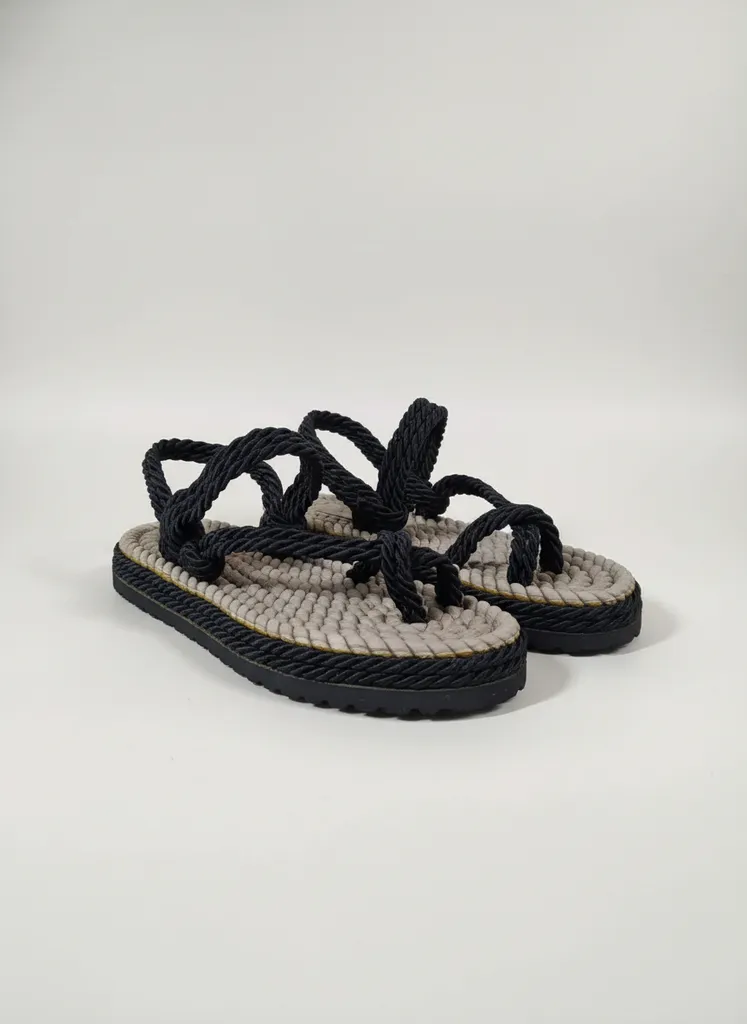 Black Corded Straw Pattern Slippers - Size 38 - Handmade