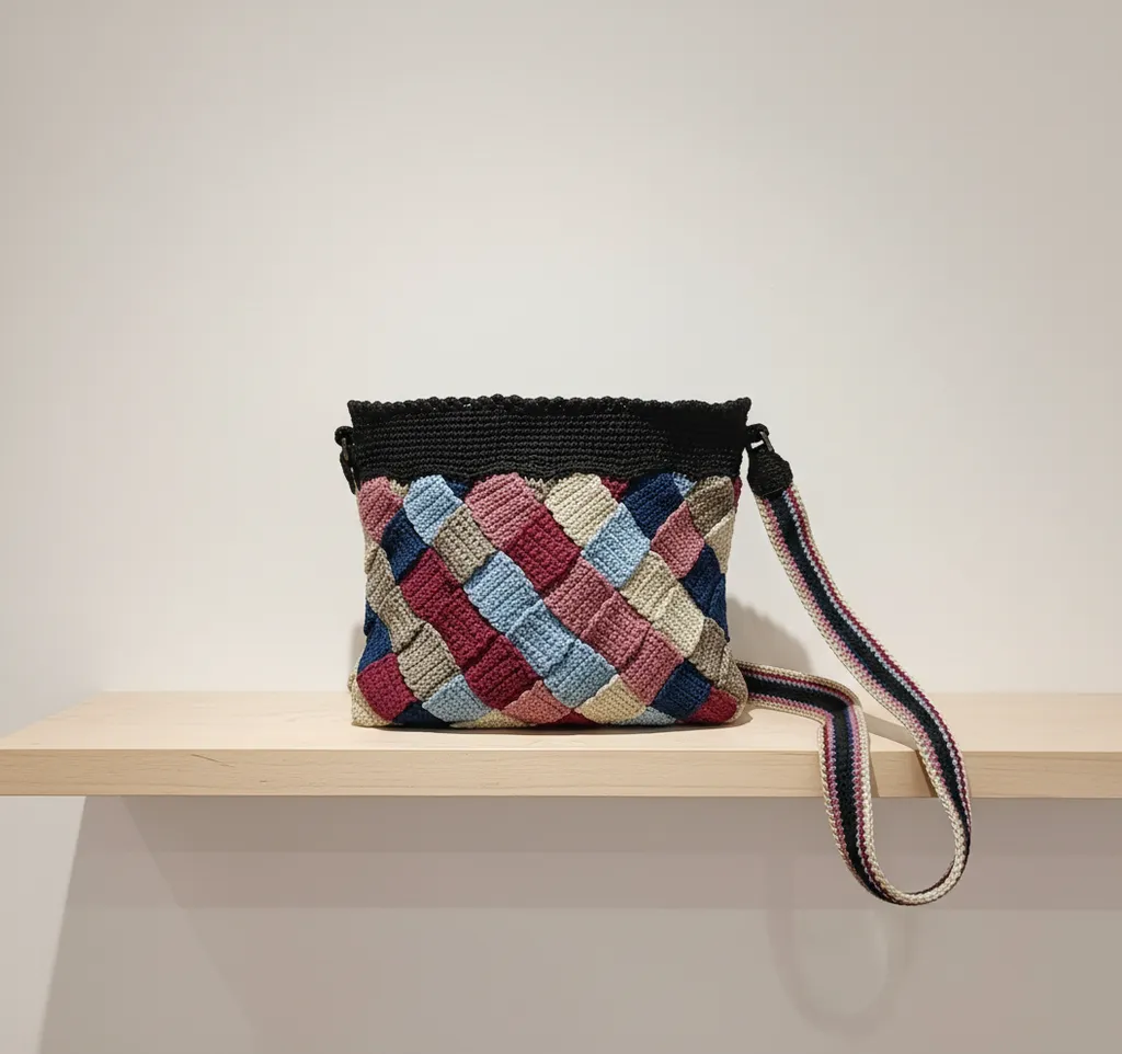 Çok Renkli Kare Desenli Örgü Omuz Çantası - Astarlı ve Çıtçıtlı