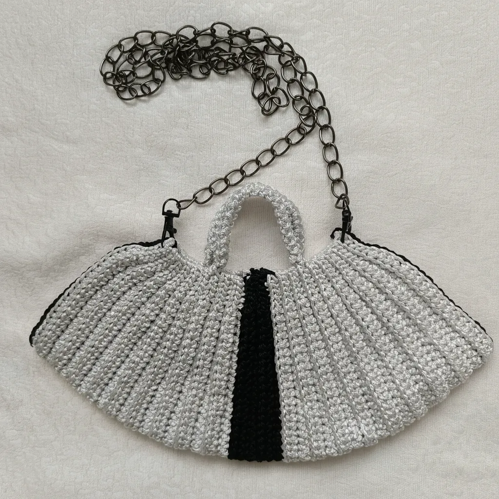 Gümüş Gri ve Siyah Makrome Omuz Çantası - Zincir Askılı Şık Tasarım