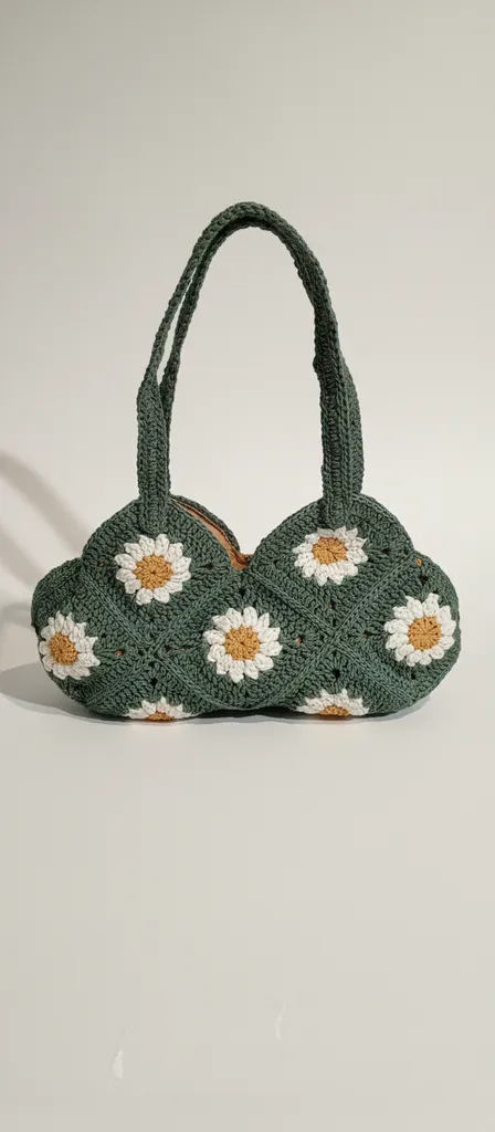 Yeşil Kağıt İp Örgü Papatya Motifli Astarlı Omuz Çantası (30x20 cm)