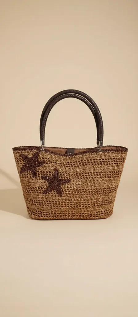 Metalik İpli Örgü Plaj Çantası - Kahverengi Deri Saplı ve Yıldız Desenli