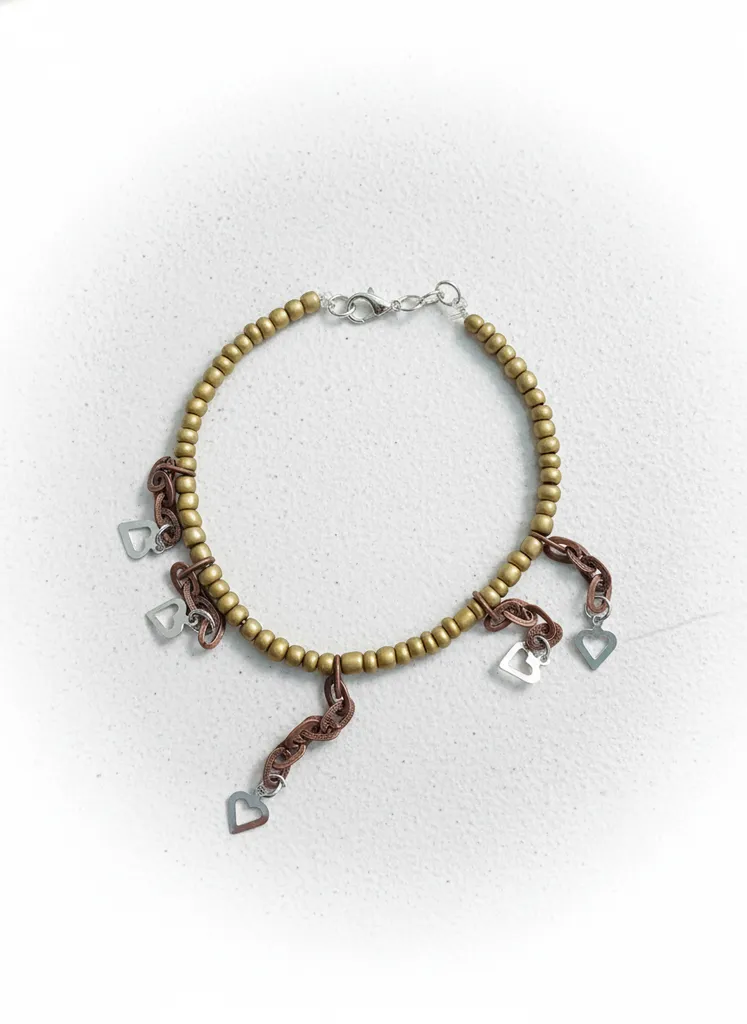 Yeşil Boncuklu ve Kalp Detaylı Halhal Bileklik - Bohem Tarzı