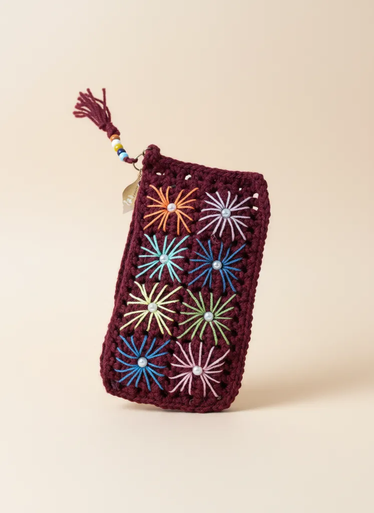 Bordo Örgü Bayan Cüzdan - Çiçek Motifli, İnci ve Boncuk Detaylı
