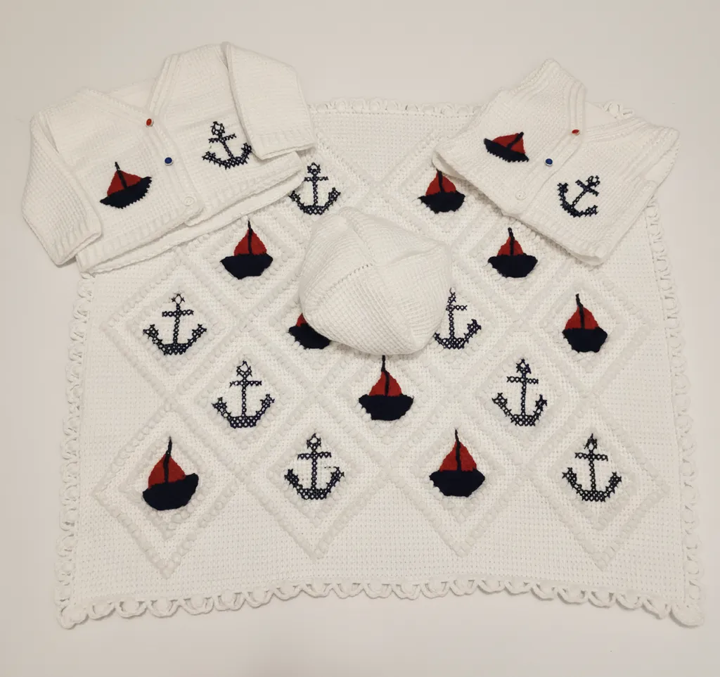 Denizci Temalı Örgü Yeni Doğan Bebek Seti - 4 Parça