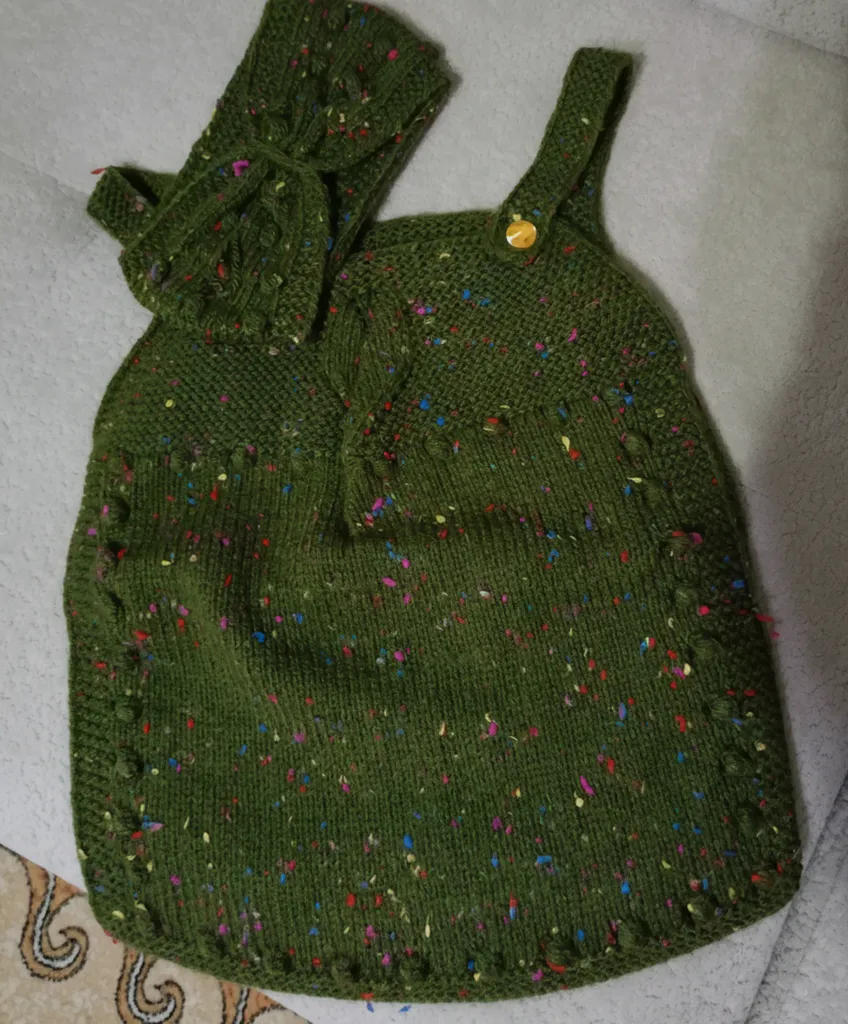 Yeşil Triko Kız Çocuk Elbise ve Saç Bandı Takımı - El Örgüsü