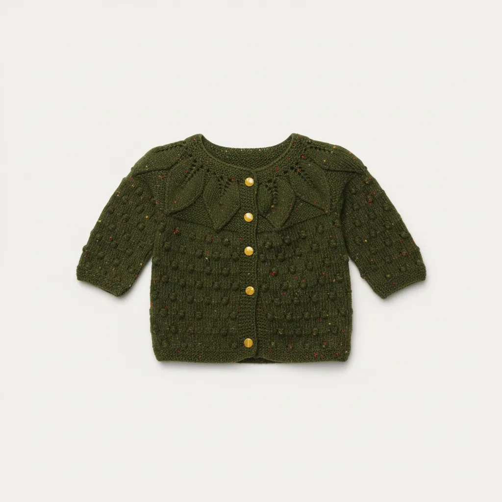 Yeşil Yaprak Desenli Örgü Bebek Hırka - Yakadan Başlama Model