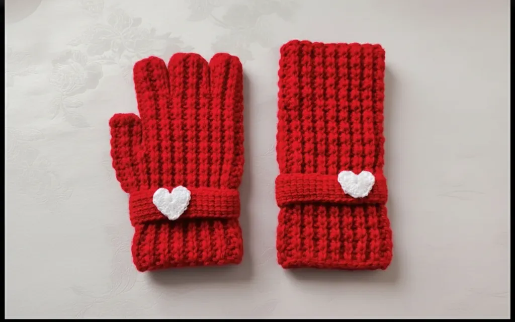 Kırmızı Örgü Parmaksız Eldiven - Beyaz Kalp Detaylı, El Emeği