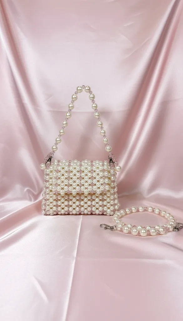 İnci ve Pembe Kristal Detaylı Örgü Çanta - El Emeği Pera Perla